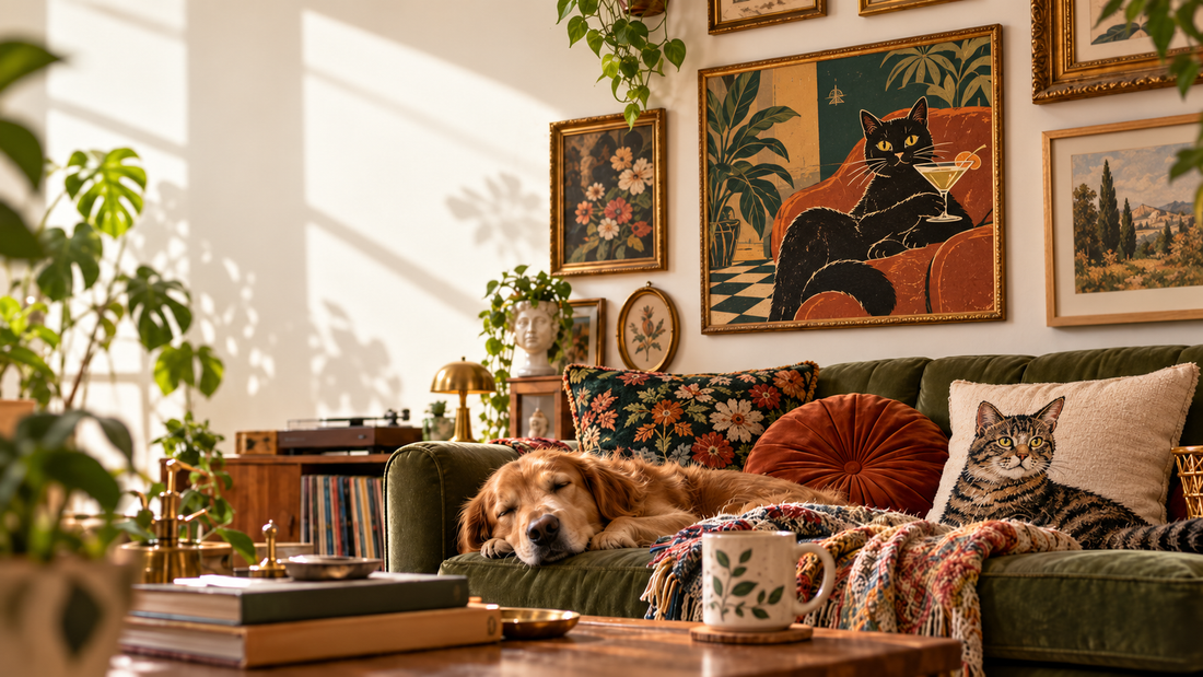 Cozy eclectic living room featuring vintage wall art, quirky cat artwork, a green velvet sofa, and a sleeping golden retriever.