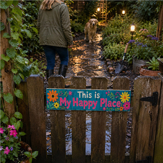 Yard art displayed beside a landscaped garden path