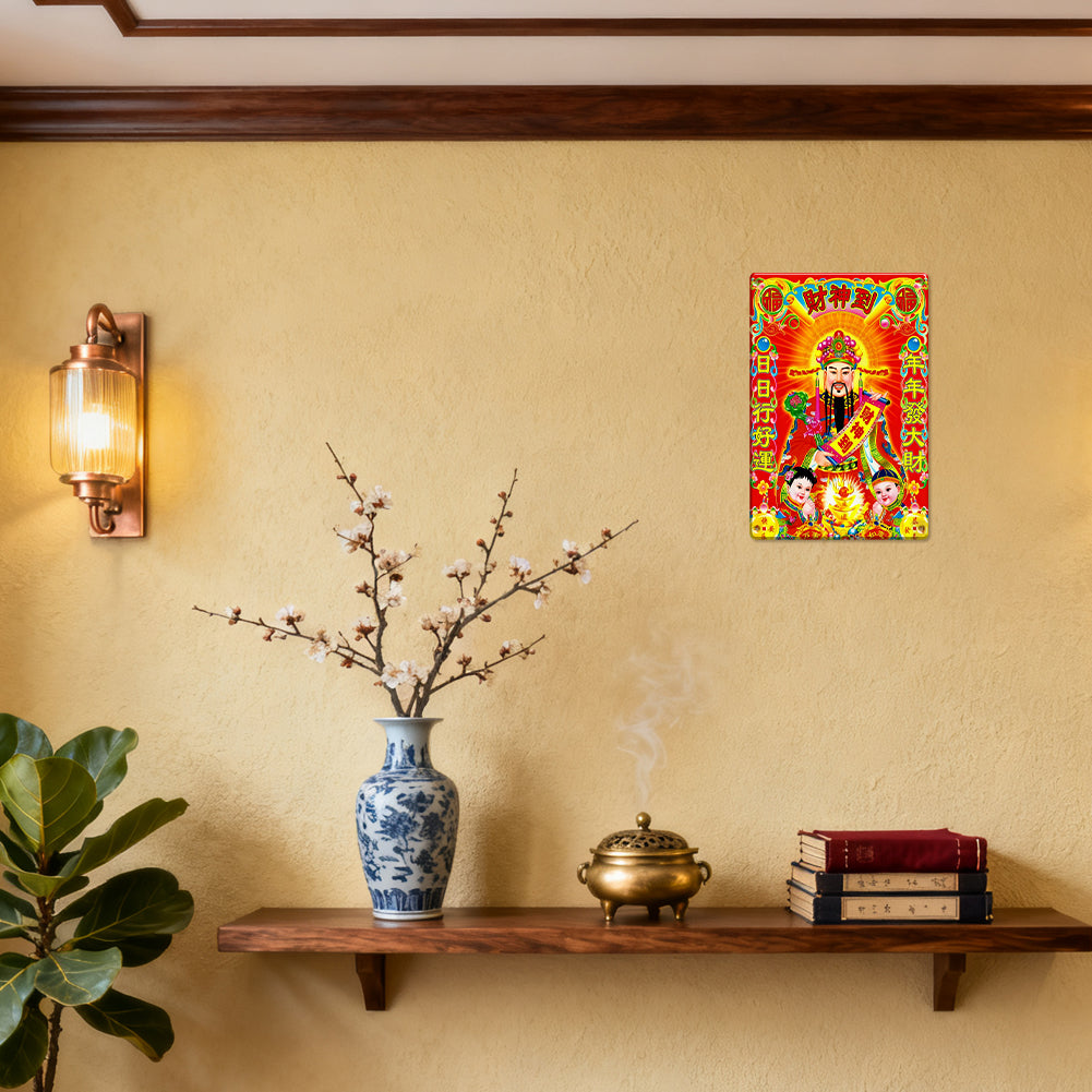 God of Wealth (Caishen) Tin Sign – Lucky Red New Year Wall Art