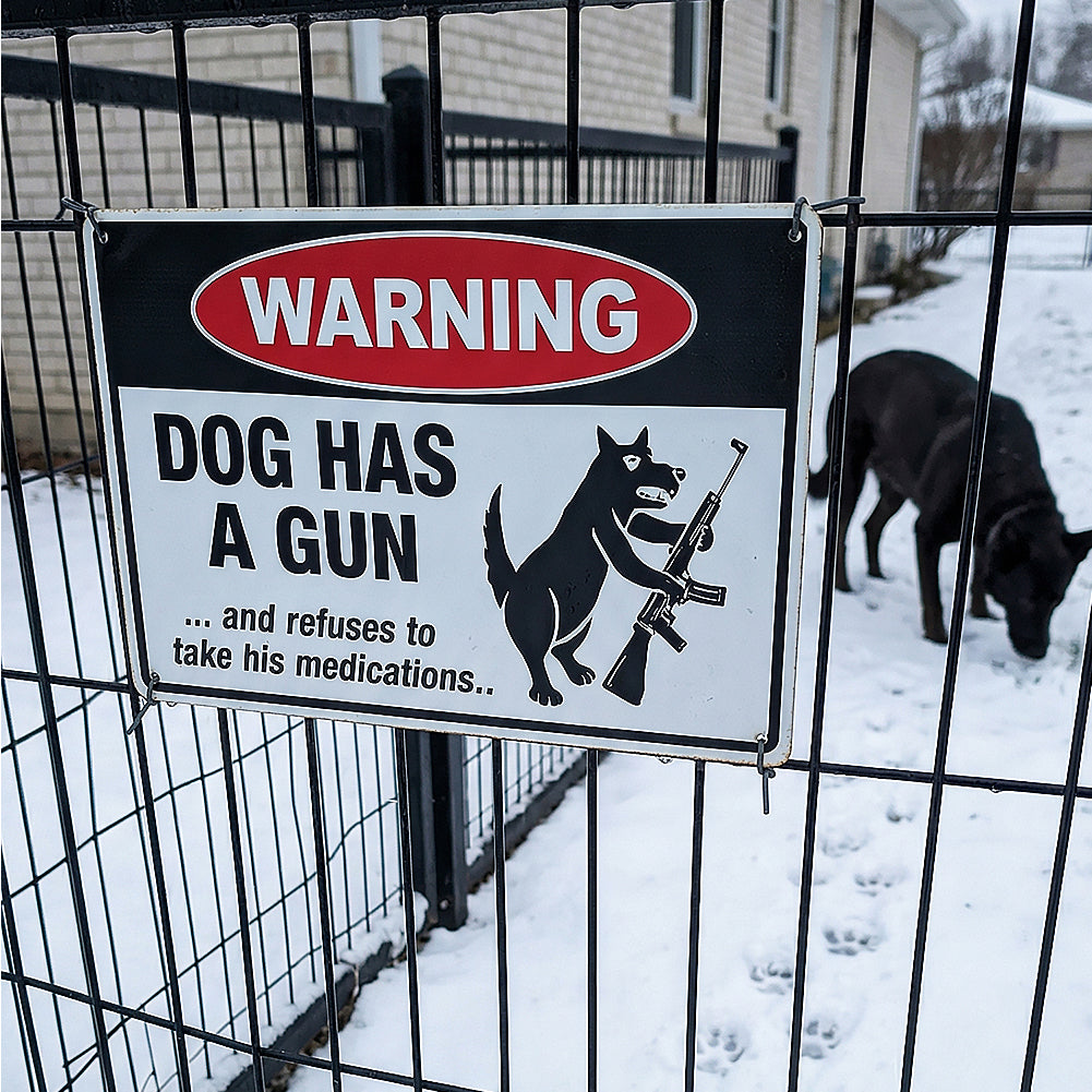 Warning Dog Has A Gun Metal Sign – Funny Dog Lover Yard Decor