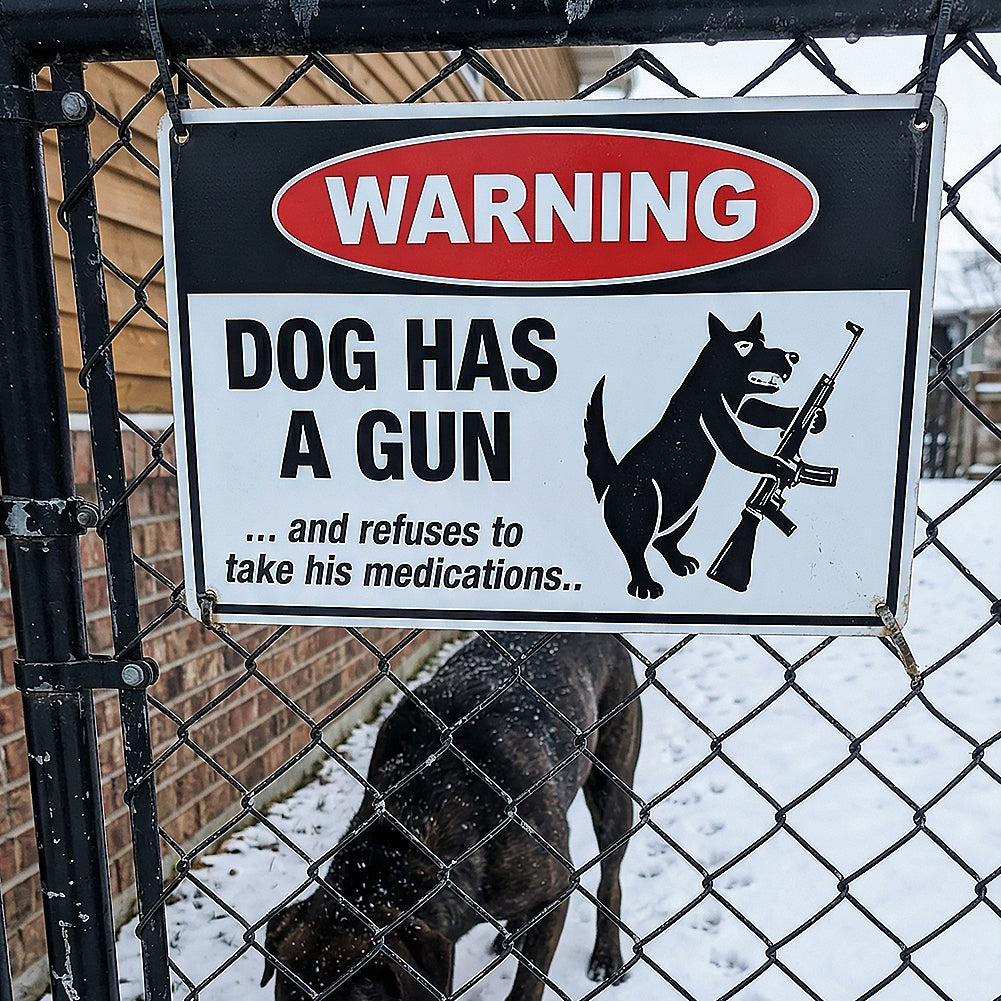 Warning Dog Has A Gun Metal Sign – Funny Dog Lover Yard Decor