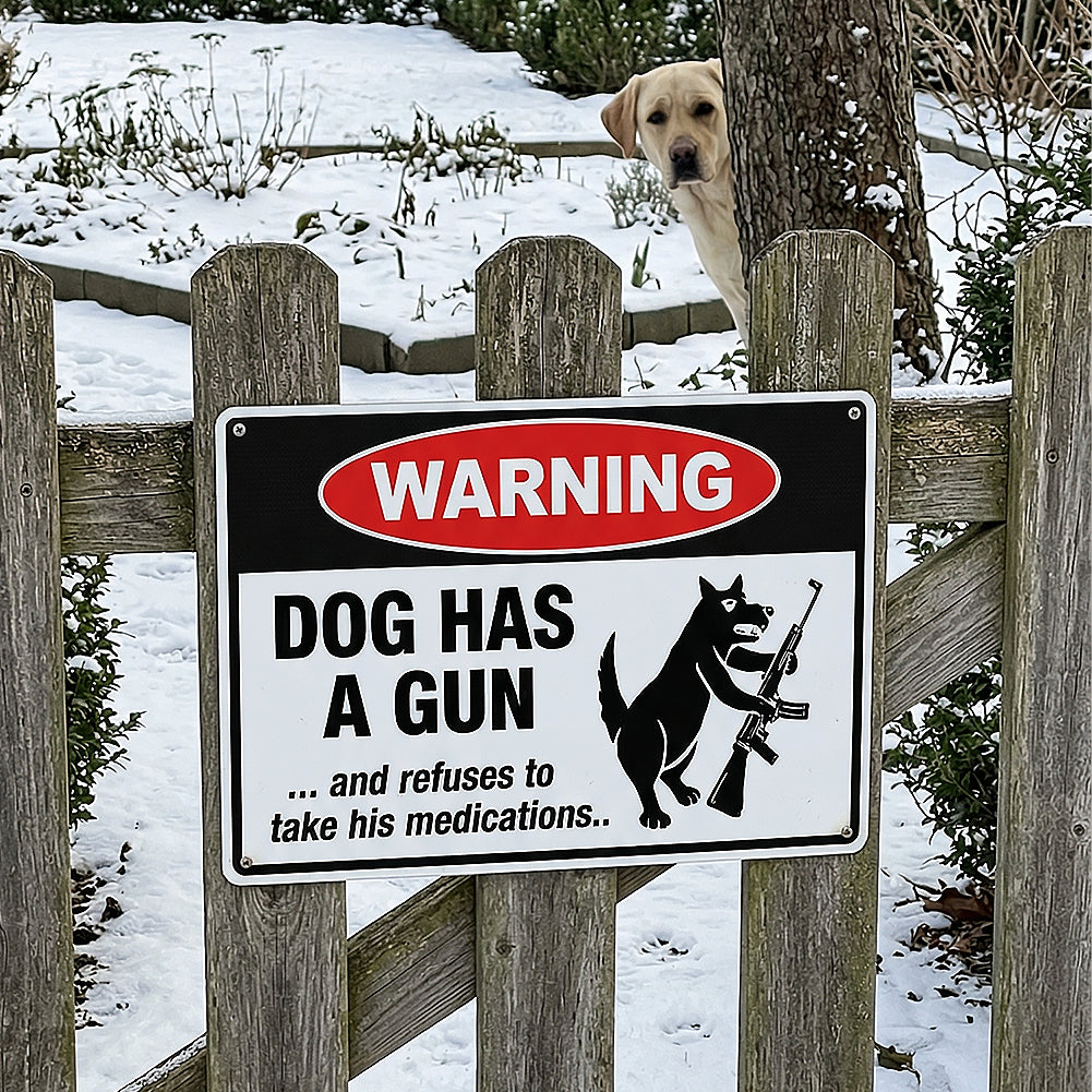 Warning Dog Has A Gun Metal Sign – Funny Dog Lover Yard Decor