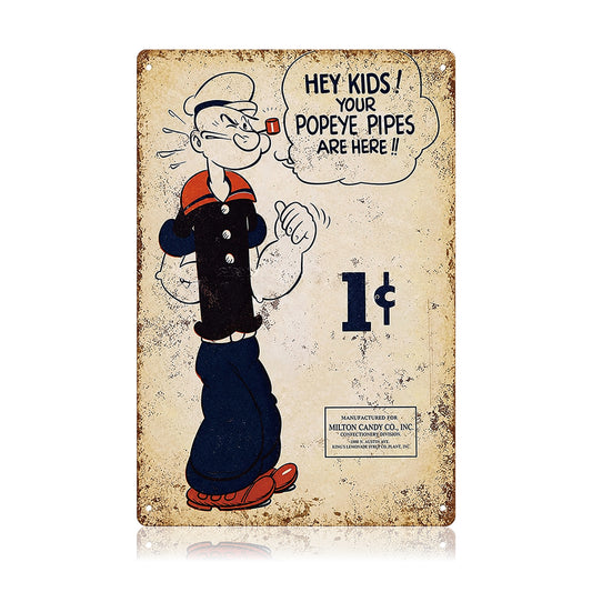 Popeye 1¢ Pipes Vintage Ad Tin Sign