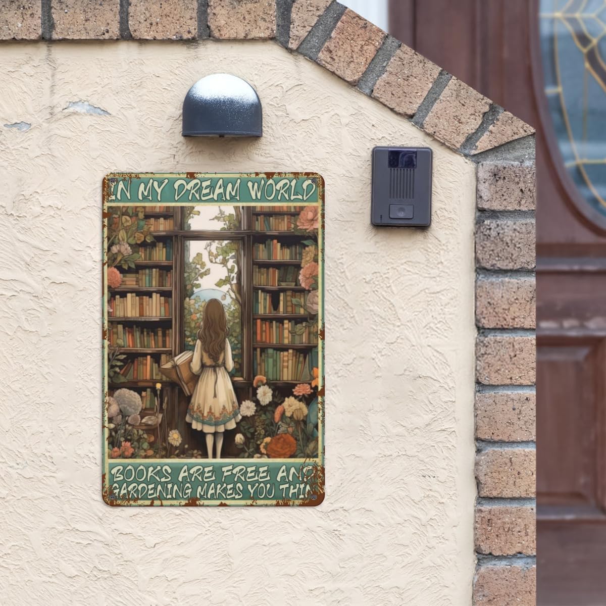 "In My Dream World" Books & Gardening Metal Tin Sign