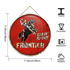 Frontier Gasoline “Rarin’ To-Go!” Round Metal Sign