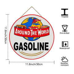 Around The World Gasoline Round Metal Sign