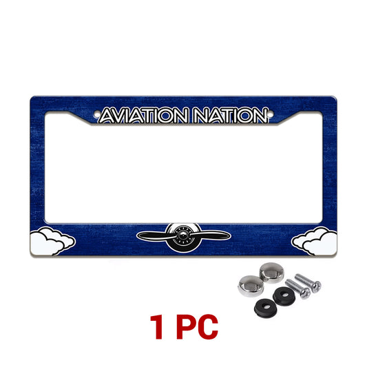 Aviation Nation Vintage Propeller license plate frame in a 1-piece pack with mounting hardware
