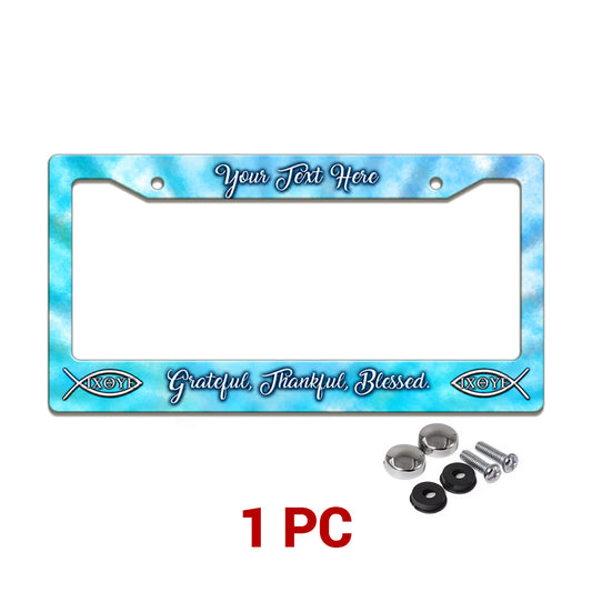 Personalized Christian Grateful Thankful Blessed license plate frame in a 1-piece pack with mounting hardware