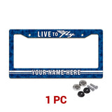 Personalized Live to Fly Aviation license plate frame in a 1-piece pack with mounting hardware