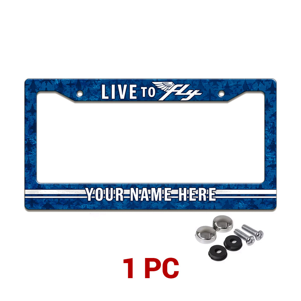 Personalized Live to Fly Aviation license plate frame in a 1-piece pack with mounting hardware