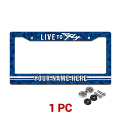 Personalized Live to Fly Aviation license plate frame in a 1-piece pack with mounting hardware