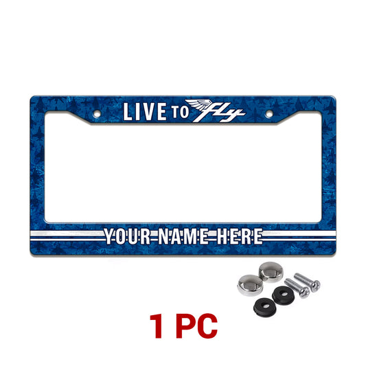 Personalized Live to Fly Aviation license plate frame in a 1-piece pack with mounting hardware
