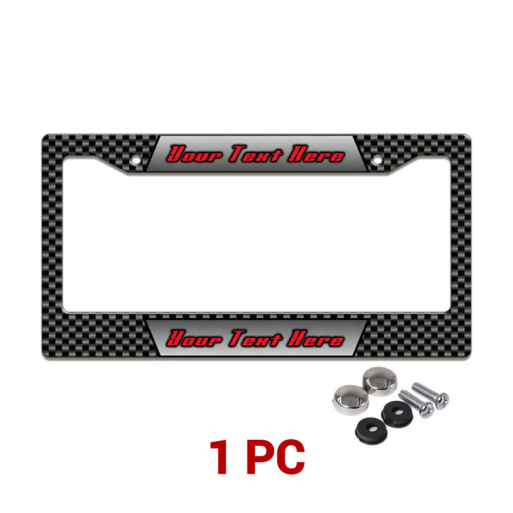 Personalized Carbon Fiber Racing license plate frame in a 1-piece pack with mounting hardware