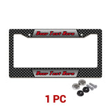 Personalized Carbon Fiber Racing license plate frame in a 1-piece pack with mounting hardware
