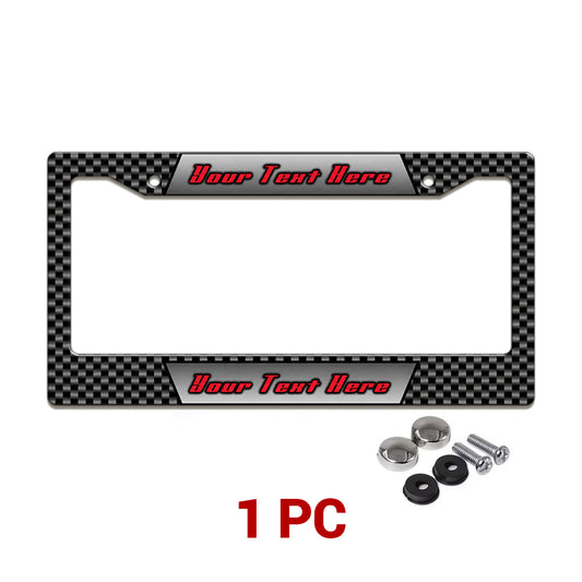 Personalized Carbon Fiber Racing license plate frame in a 1-piece pack with mounting hardware