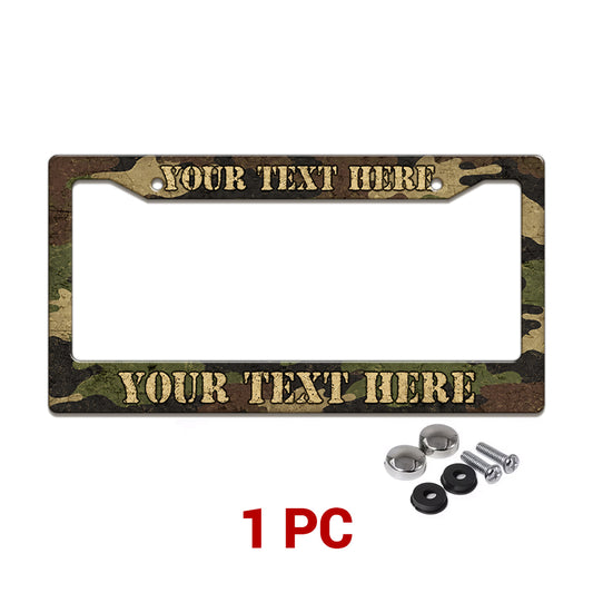 Personalized Woodland Camouflage license plate frame in a 1-piece pack with mounting hardware