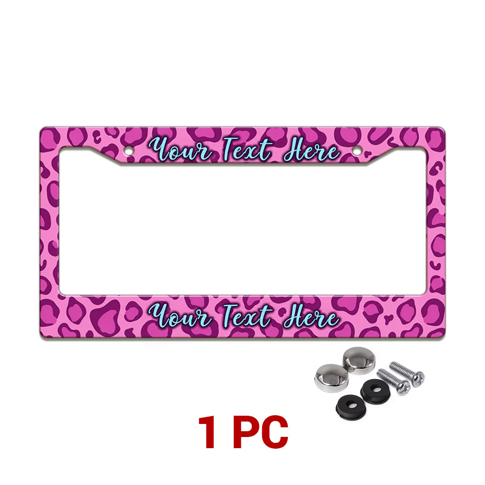 Personalized Pink Leopard Print license plate frame in a 1-piece pack with mounting hardware