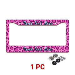 Personalized Pink Leopard Print license plate frame in a 1-piece pack with mounting hardware