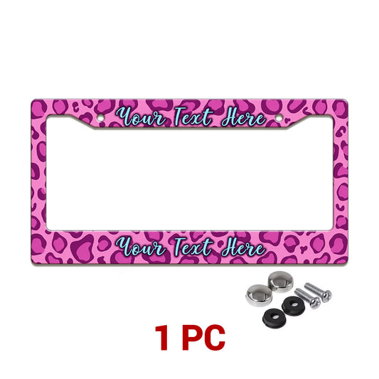 Personalized Pink Leopard Print license plate frame in a 1-piece pack with mounting hardware