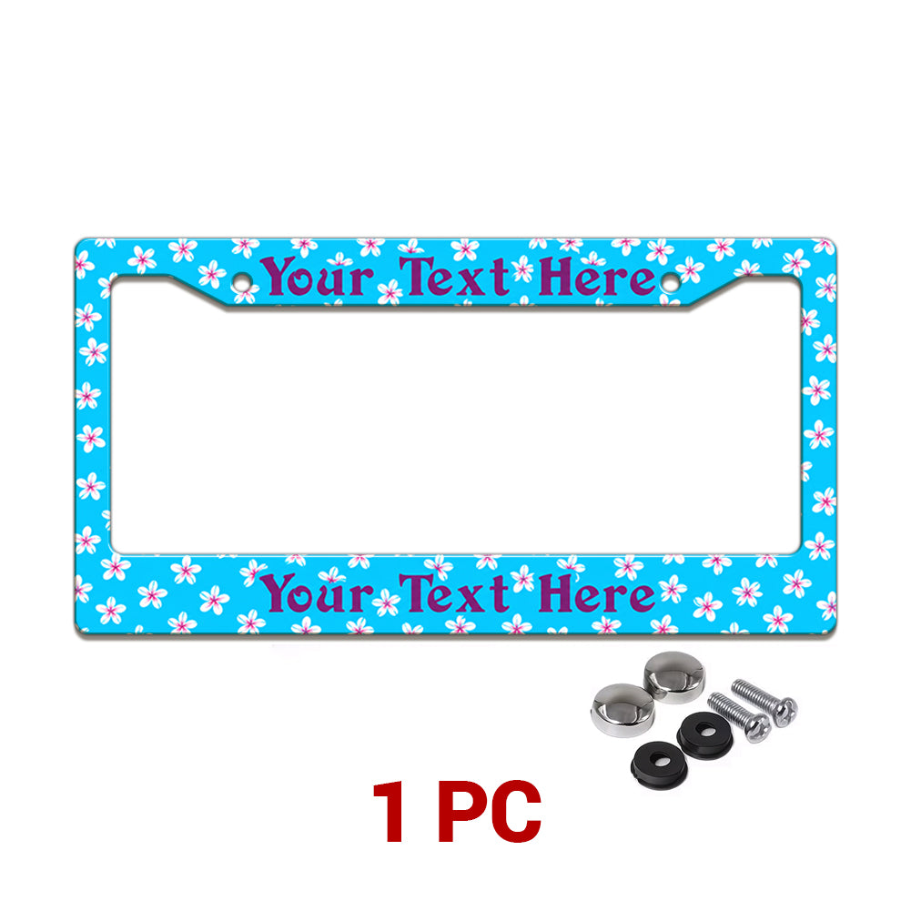 Personalized Turquoise Tropical Flowers license plate frame in a 1-piece pack with mounting hardware