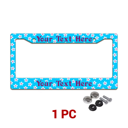 Personalized Turquoise Tropical Flowers license plate frame in a 1-piece pack with mounting hardware