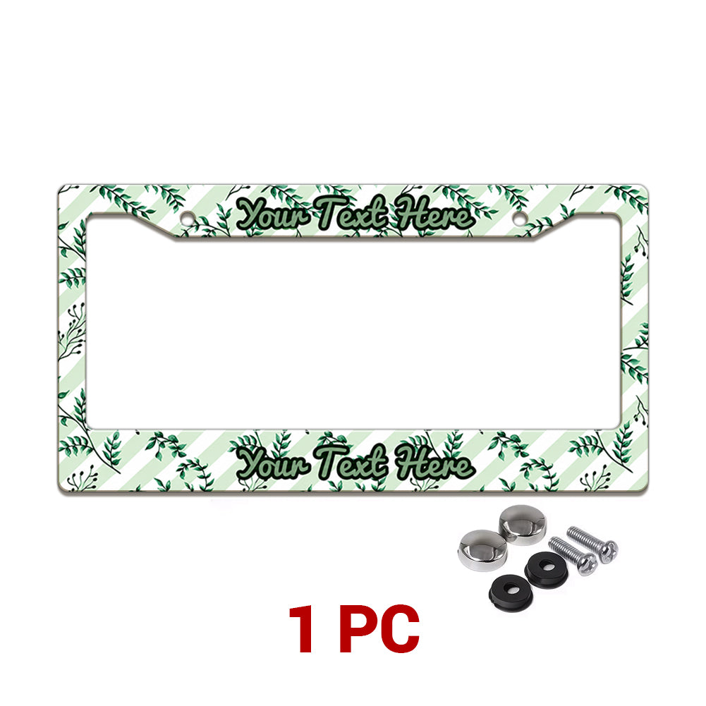 Personalized Green Botanical Leaves license plate frame in a 1-piece pack with mounting hardware