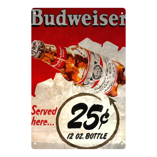 Budweiser 25¢ Bottle Vintage Metal Sign – Bar Decor