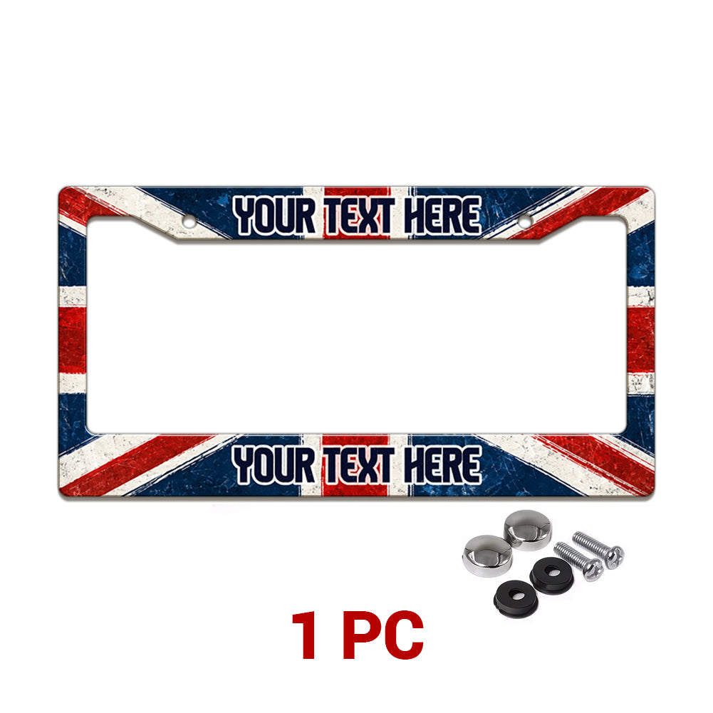 Personalized Union Jack license plate frame in a 1-piece pack with mounting hardware