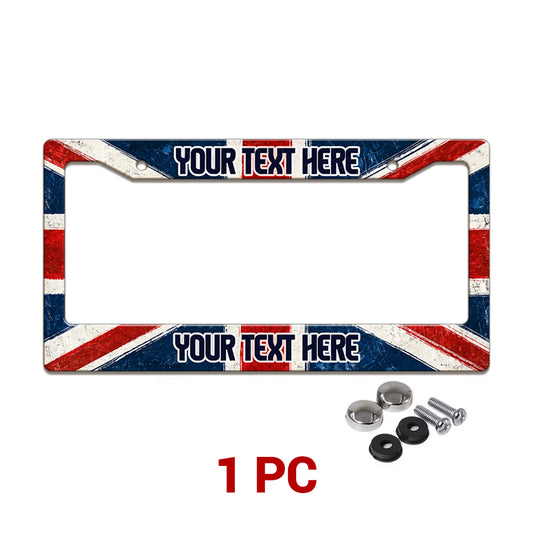 Personalized Union Jack license plate frame in a 1-piece pack with mounting hardware