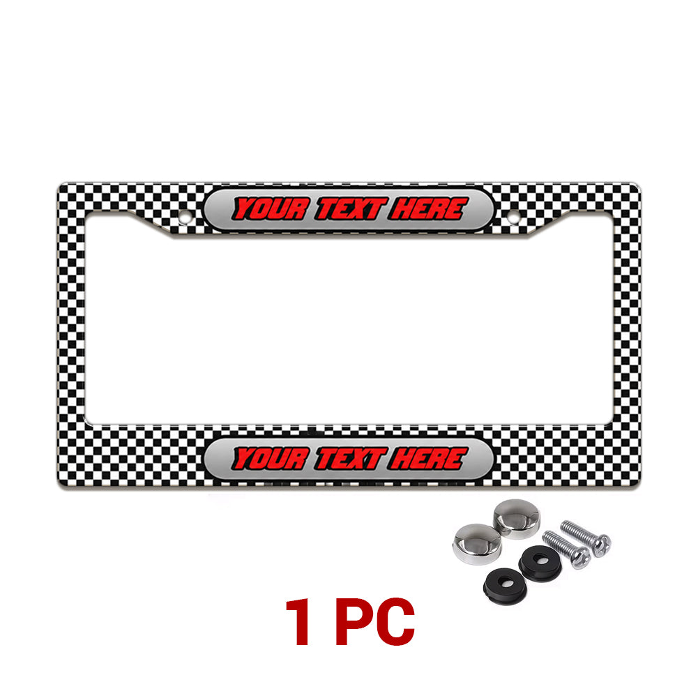 Personalized Black and White Checkered Racing license plate frame in a 1-piece pack with mounting hardware