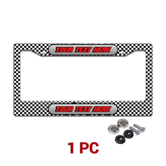 Personalized Black and White Checkered Racing license plate frame in a 1-piece pack with mounting hardware