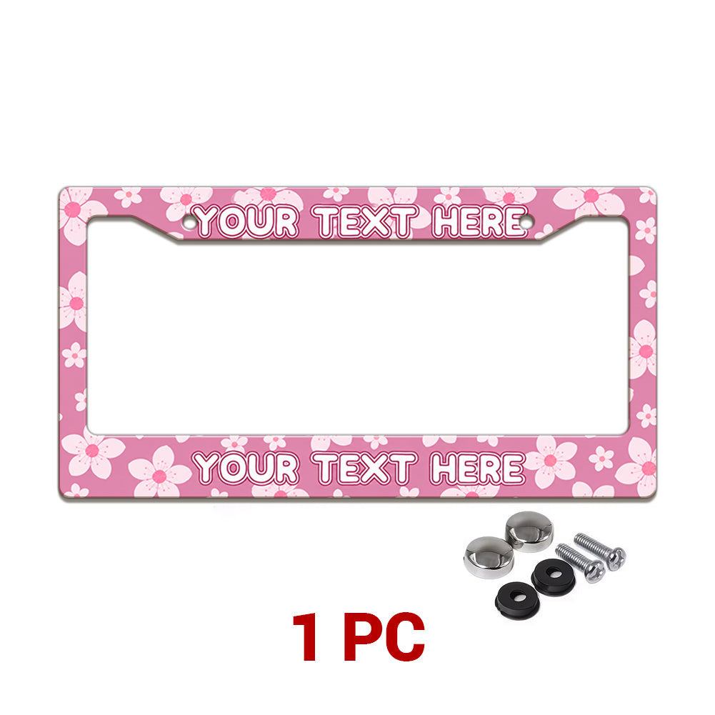 Personalized Pink Cherry Blossom license plate frame in a 1-piece pack with mounting hardware