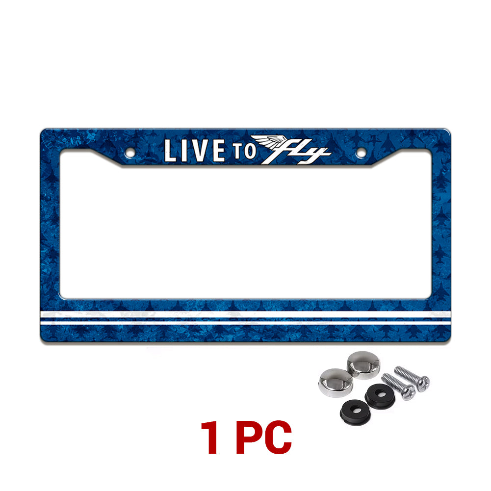 Live to Fly Aviation license plate frame in a 1-piece pack with mounting hardware