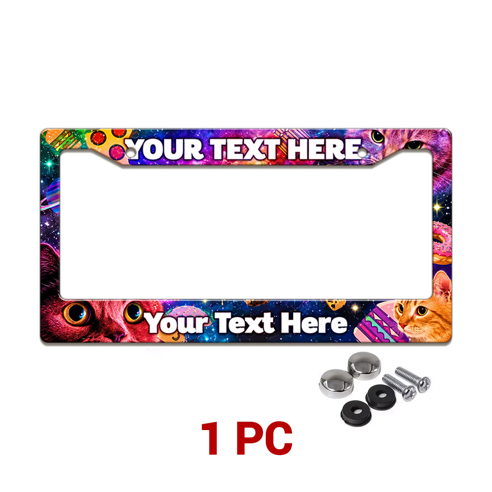 Personalized Space Cats and Food license plate frame in a 1-piece pack with mounting hardware