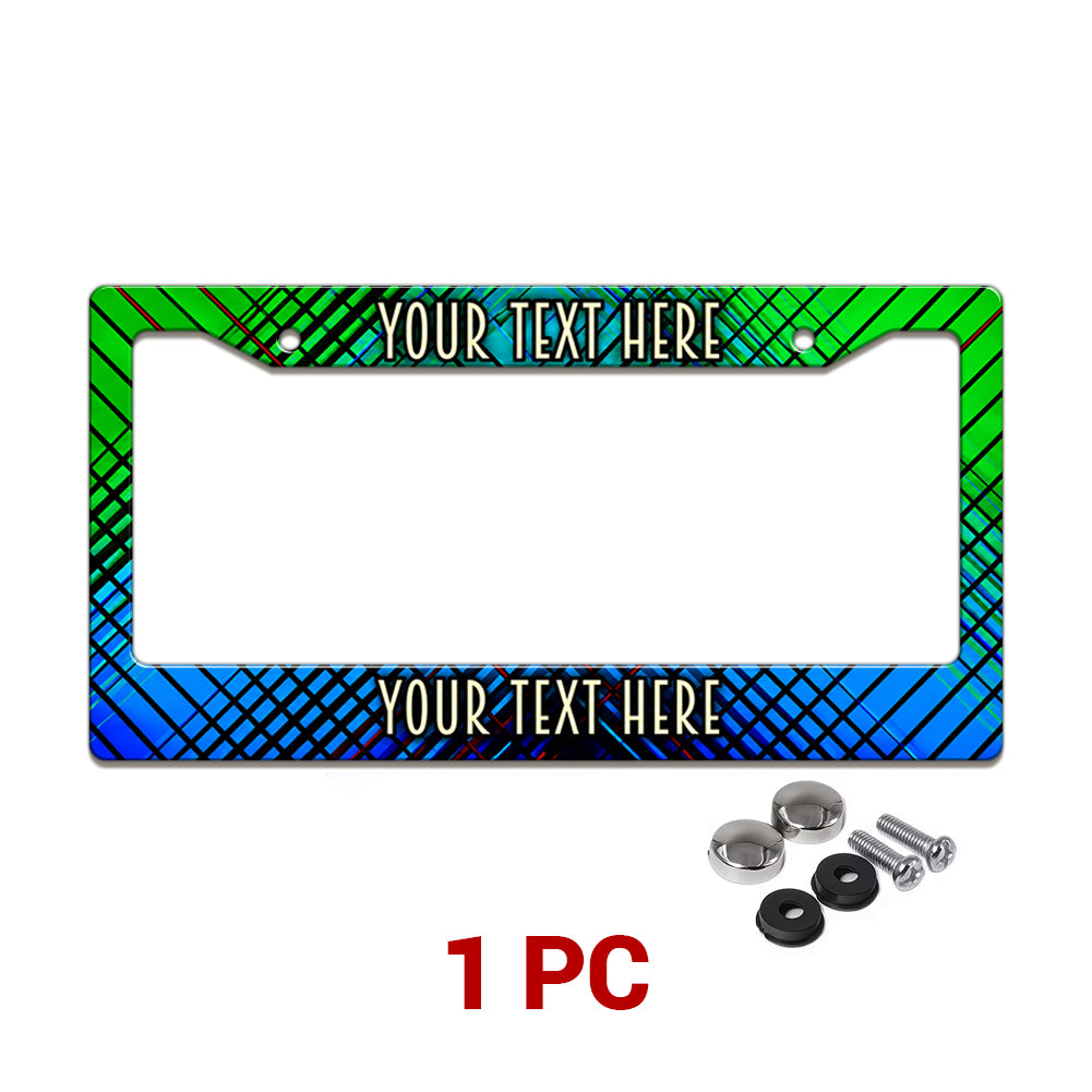 Personalized Green and Blue Plaid license plate frame in a 1-piece pack with mounting hardware
