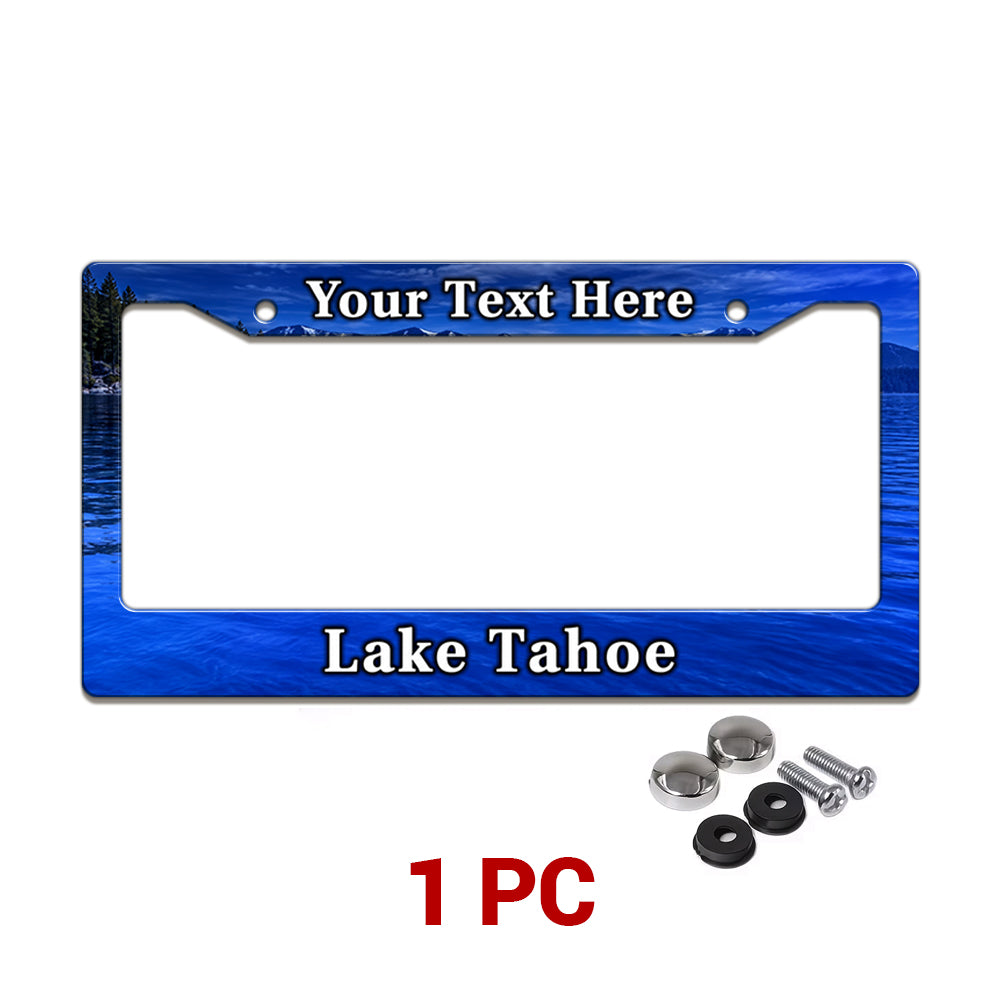 Personalized Lake Tahoe license plate frame in a 1-piece pack with mounting hardware