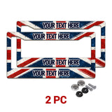 Personalized Union Jack license plate frames in a 2-piece pack with mounting hardware