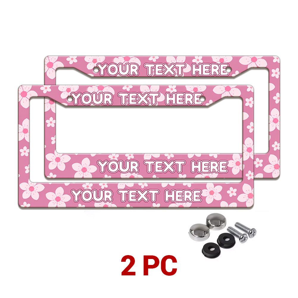 Personalized Pink Cherry Blossom license plate frames in a 2-piece pack with mounting hardware