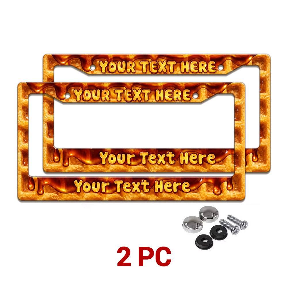 Personalized Melting Cheese and Pizza license plate frames in a 2-piece pack with mounting hardware