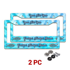 Personalized Christian Grateful Thankful Blessed license plate frames in a 2-piece pack with mounting hardware