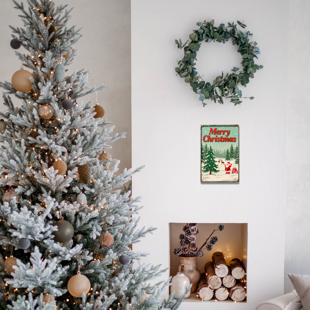Merry Christmas – Santa with Gifts & Reindeer Snow Scene