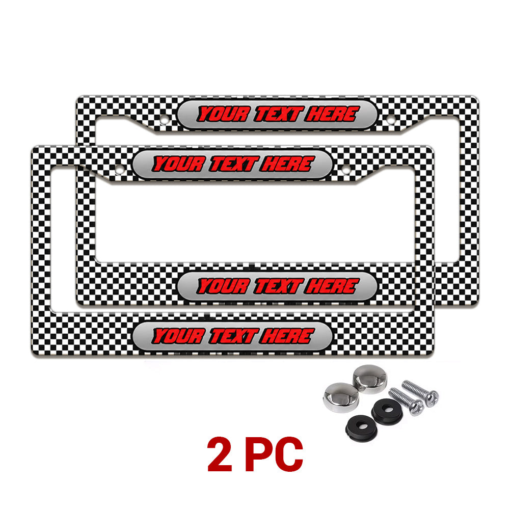 Personalized Black and White Checkered Racing license plate frames in a 2-piece pack with mounting hardware