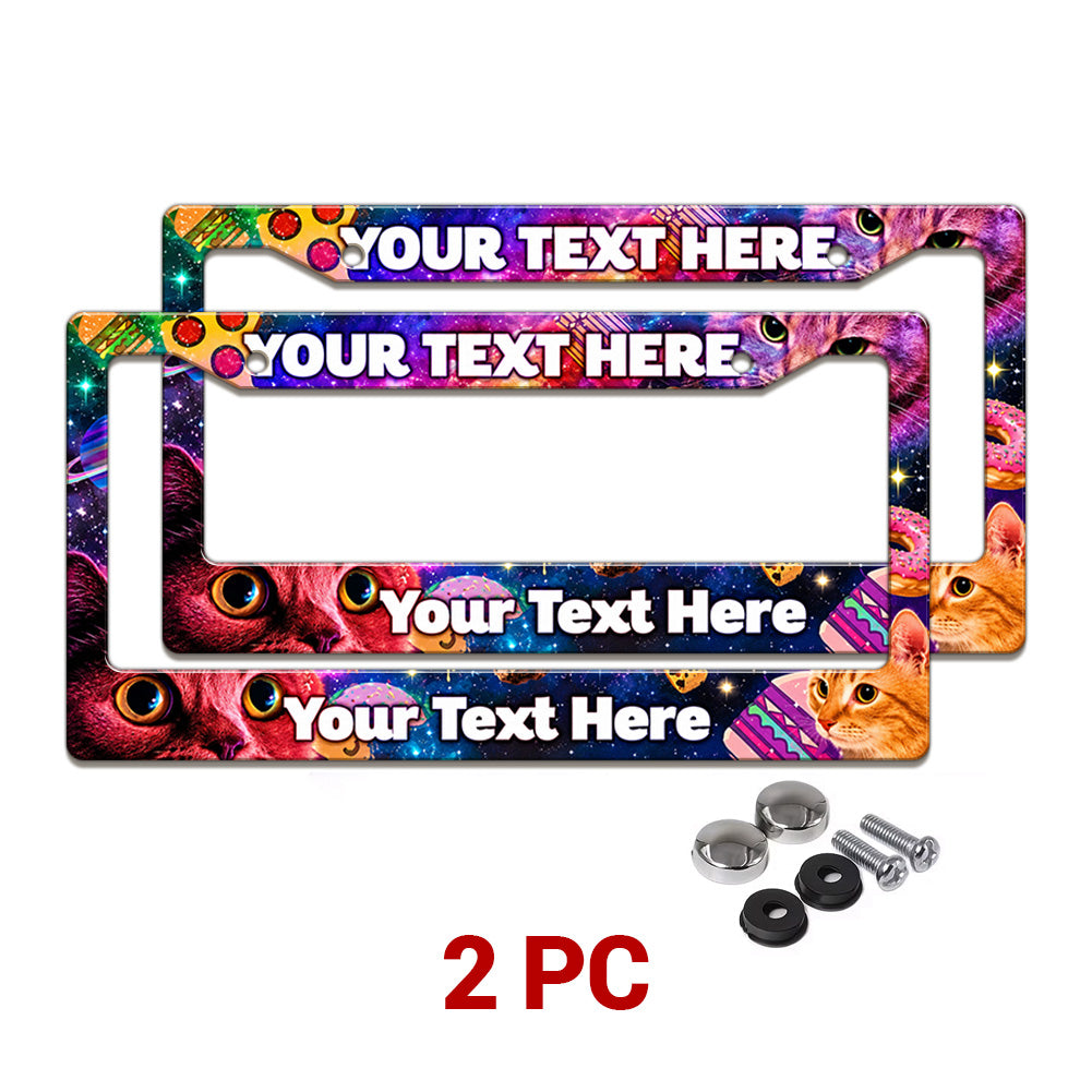 Personalized Space Cats and Food license plate frames in a 2-piece pack with mounting hardware