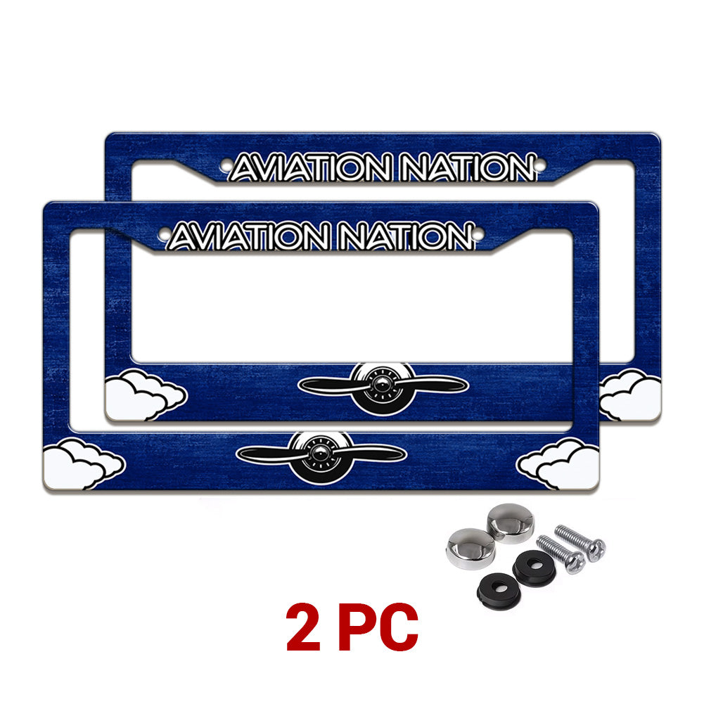 Aviation Nation Vintage Propeller license plate frames in a 2-piece pack with mounting hardware