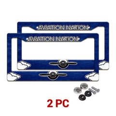 Aviation Nation Vintage Propeller license plate frames in a 2-piece pack with mounting hardware