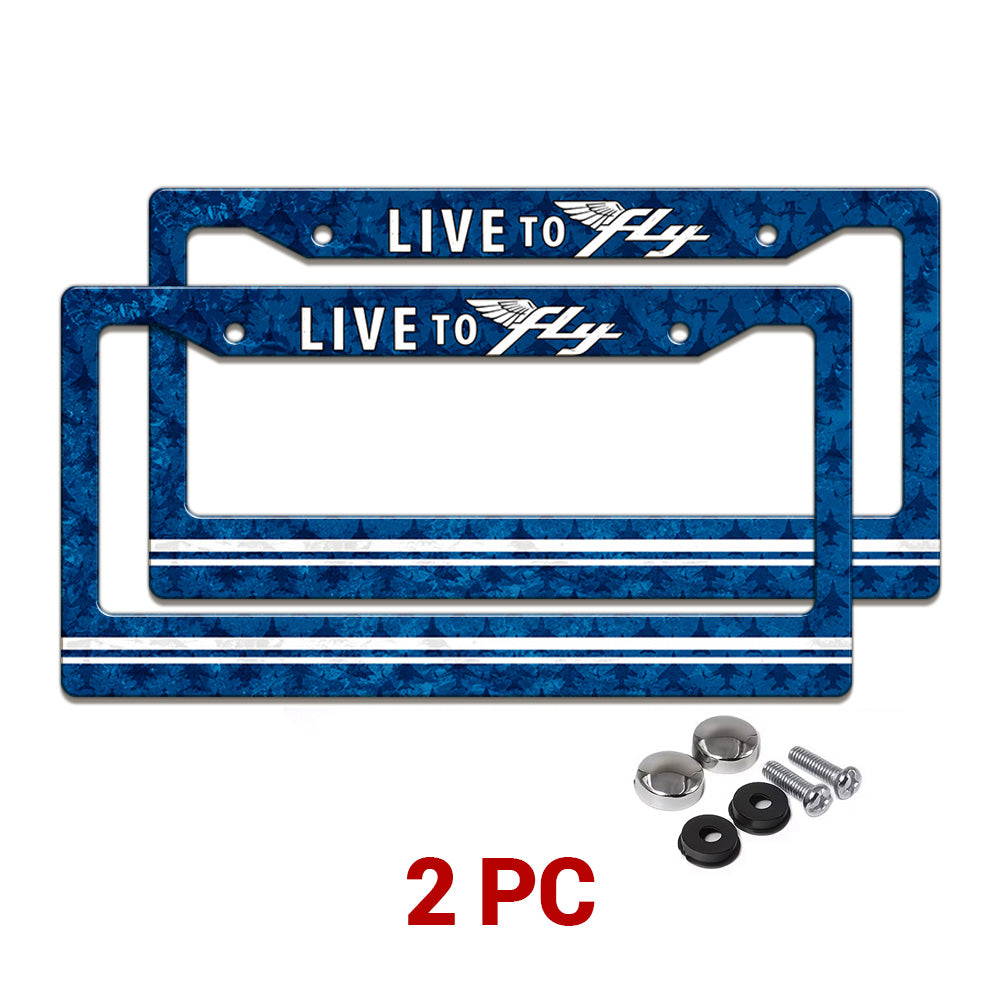 Live to Fly Aviation license plate frames in a 2-piece pack with mounting hardware