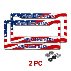 Personalized American Flag license plate frames in a 2-piece pack with mounting hardware