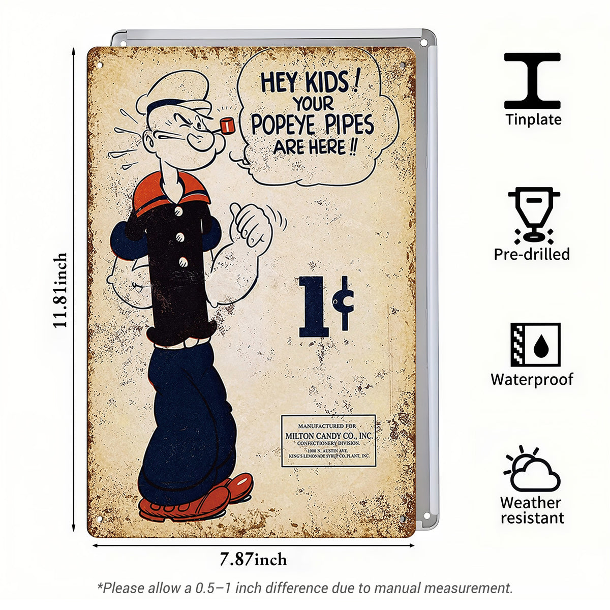 Popeye 1¢ Pipes Vintage Ad Tin Sign