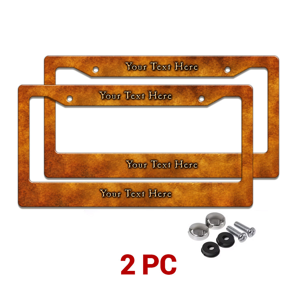 Personalized Rustic Burnt Orange license plate frames in a 2-piece pack with mounting hardware