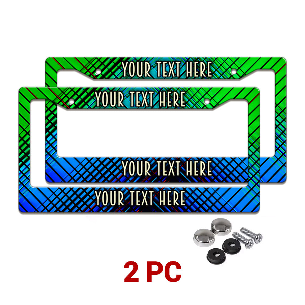 Personalized Green and Blue Plaid license plate frames in a 2-piece pack with mounting hardware